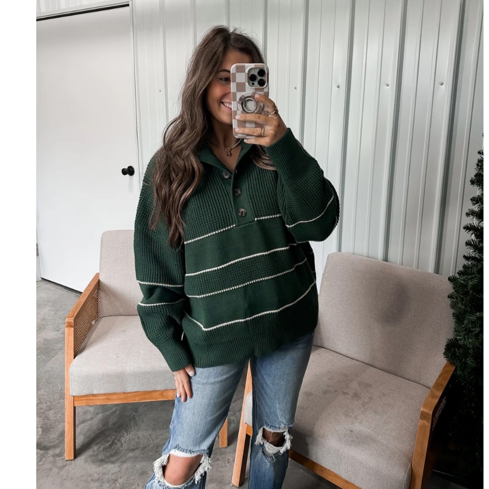 Open Collar Striped Sweater- Deep Green